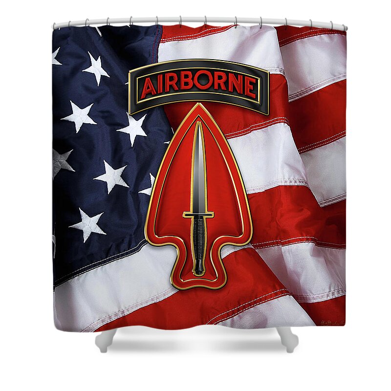 'military Insignia 3d' Collection By Serge Averbukh Shower Curtain featuring the digital art U. S. Army Special Operations Command - U S A S O C  C S I B over American Flag by Serge Averbukh