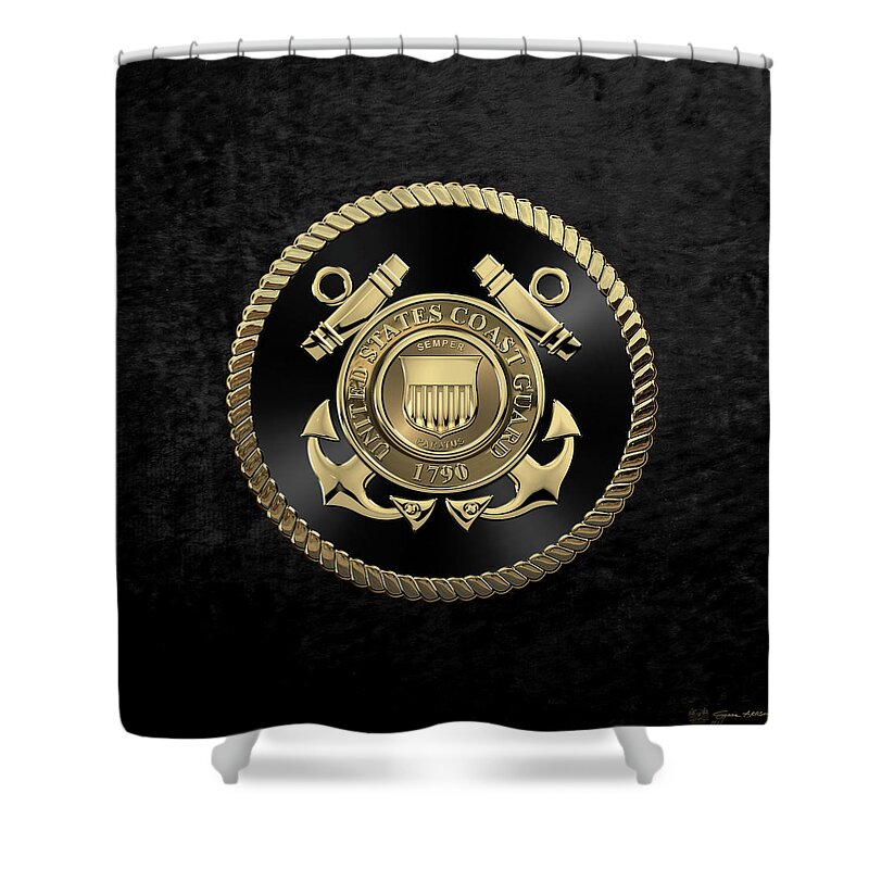 'military Insignia & Heraldry' Collection By Serge Averbukh Shower Curtain featuring the digital art U. S. Coast Guard - U S C G Emblem Black Edition over Black Velvet by Serge Averbukh