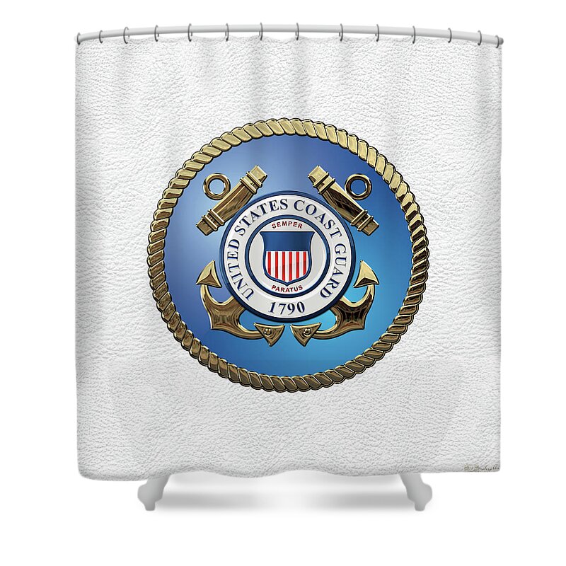 'military Insignia & Heraldry 3d' Collection By Serge Averbukh Shower Curtain featuring the digital art U. S. Coast Guard - U S C G Emblem over White Leather by Serge Averbukh