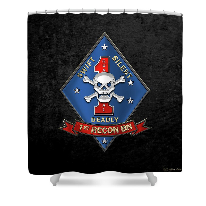 'military Insignia & Heraldry' Collection By Serge Averbukh Shower Curtain featuring the digital art U S M C 1st Reconnaissance Battalion - 1st Recon Bn Insignia over Black Velvet by Serge Averbukh