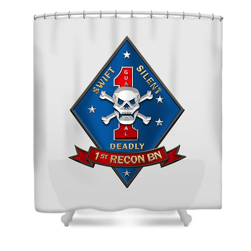 'military Insignia & Heraldry' Collection By Serge Averbukh Shower Curtain featuring the digital art U S M C 1st Reconnaissance Battalion - 1st Recon Bn Insignia over White Leather by Serge Averbukh