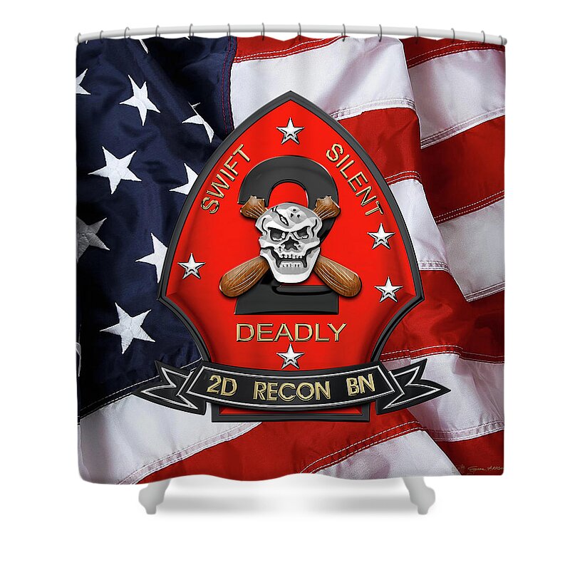 'military Insignia & Heraldry' Collection By Serge Averbukh Shower Curtain featuring the digital art U S M C 2nd Reconnaissance Battalion - 2nd Recon Bn Insignia over American Flag by Serge Averbukh
