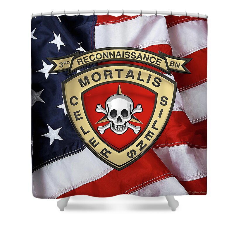 'military Insignia & Heraldry' Collection By Serge Averbukh Shower Curtain featuring the digital art U S M C 3rd Reconnaissance Battalion - 3rd Recon Bn Insignia over American Flag by Serge Averbukh