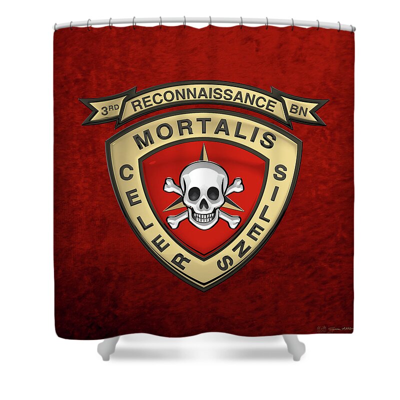 'military Insignia & Heraldry' Collection By Serge Averbukh Shower Curtain featuring the digital art U S M C 3rd Reconnaissance Battalion - 3rd Recon Bn Insignia over Red Velvet by Serge Averbukh