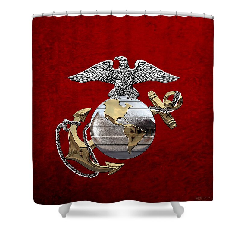 'usmc' Collection By Serge Averbukh Shower Curtain featuring the digital art U S M C Eagle Globe and Anchor - C O and Warrant Officer E G A over Red Velvet by Serge Averbukh