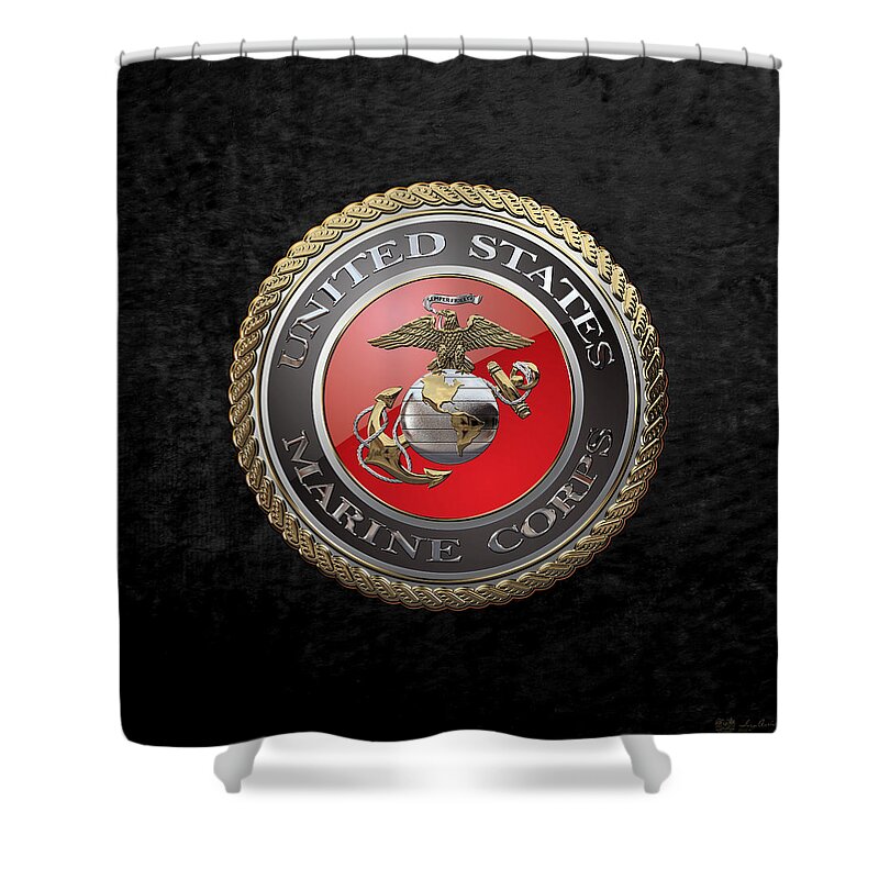 'usmc' Collection By Serge Averbukh Shower Curtain featuring the digital art U. S. Marine Corps - U S M C Emblem over Black Velvet by Serge Averbukh