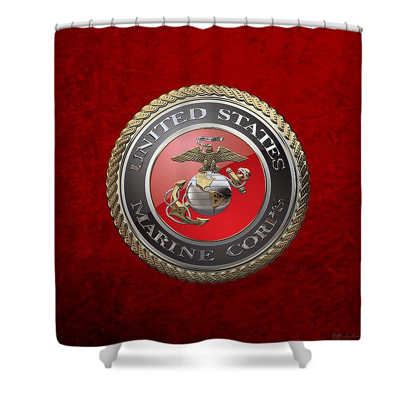 'usmc' Collection By Serge Averbukh Shower Curtain featuring the digital art U. S. Marine Corps - U S M C Emblem over Red Velvet by Serge Averbukh