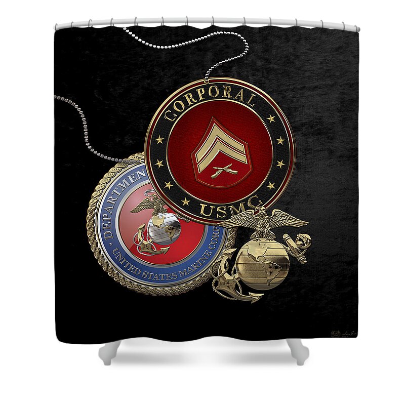 �military Insignia 3d� By Serge Averbukh Shower Curtain featuring the digital art U. S. Marines Corporal Rank Insignia over Black Velvet by Serge Averbukh