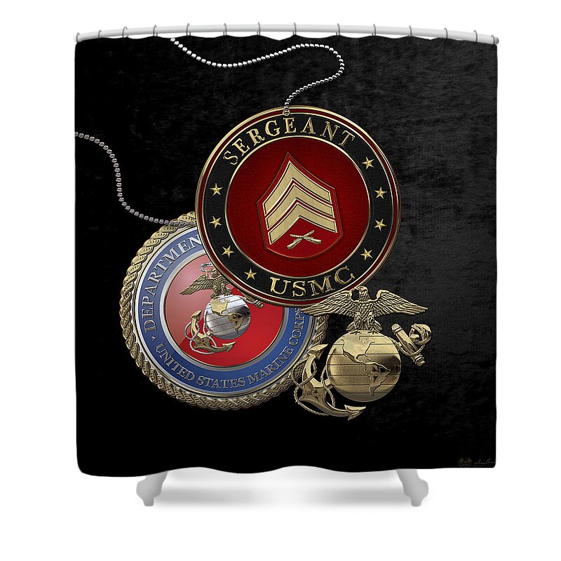 Military Insignia 3d By Serge Averbukh Shower Curtain featuring the digital art U. S. Marines Sergeant - U S M C Sgt Rank Insignia over Black Velvet by Serge Averbukh