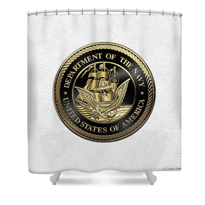 'military Insignia & Heraldry' Collection By Serge Averbukh Shower Curtain featuring the digital art U. S. Navy - U S N Emblem Black Edition over White Leather by Serge Averbukh