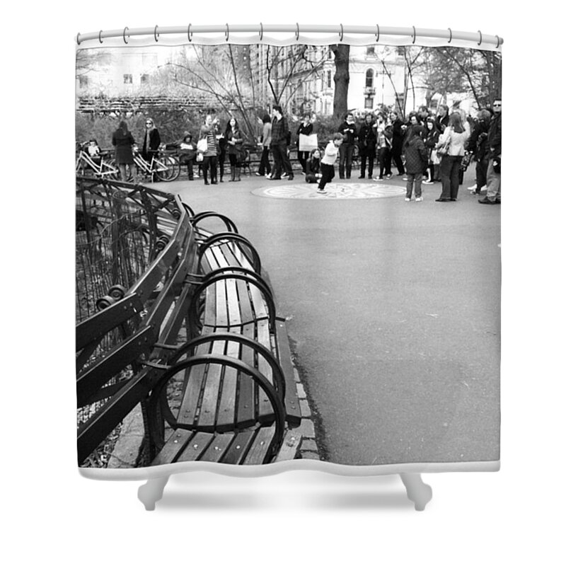 Nyc Shower Curtain featuring the photograph Imagine Black And White Bench by Heather Classen