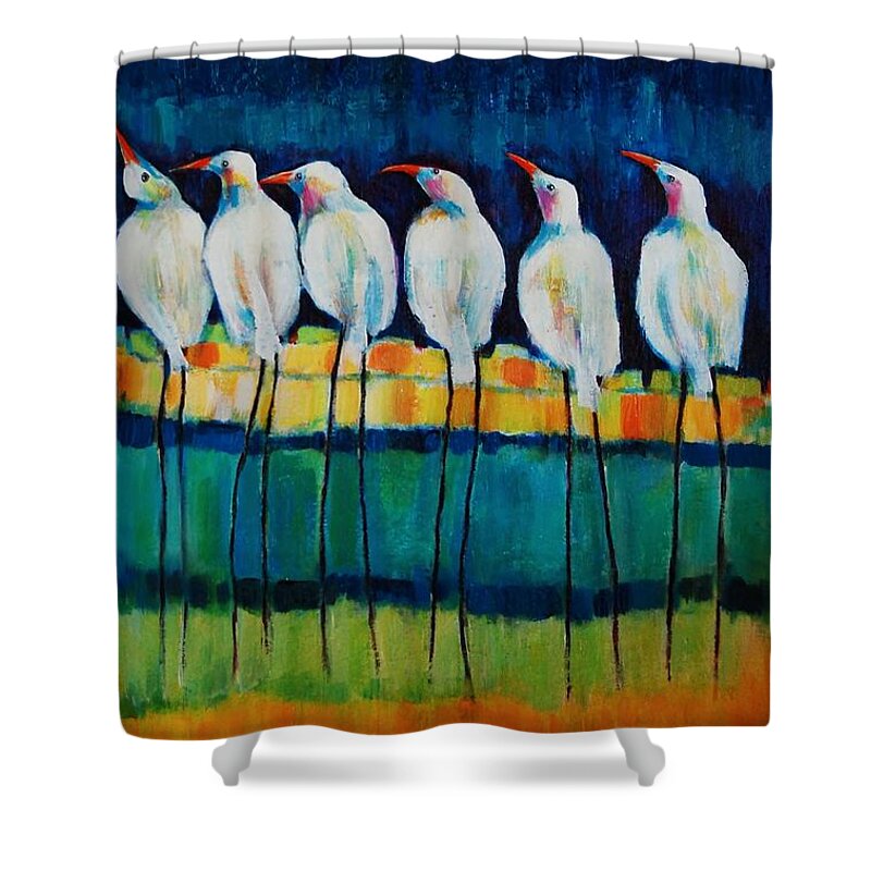 Expressive Birds Shower Curtain featuring the painting UFO Sighting by Jean Cormier