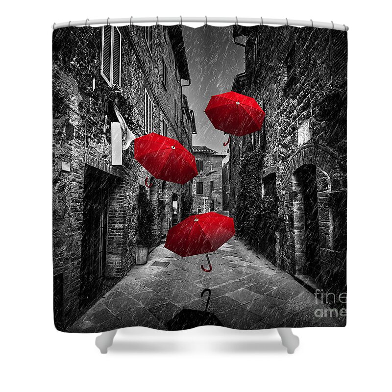 Italian Shower Curtain featuring the photograph Umrbellas flying with wind and rain on dark street in an old Italian town in Tuscany, Italy by Michal Bednarek