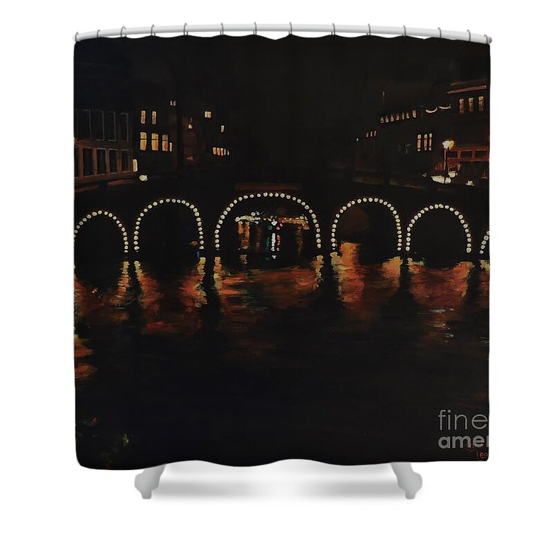 Amsterdam Shower Curtain featuring the painting Under a Lighted Bridge in Amsterdam by Cami Lee