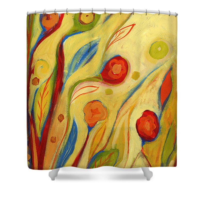 Floral Shower Curtain featuring the painting Under a Sky of Peaches and Cream by Jennifer Lommers