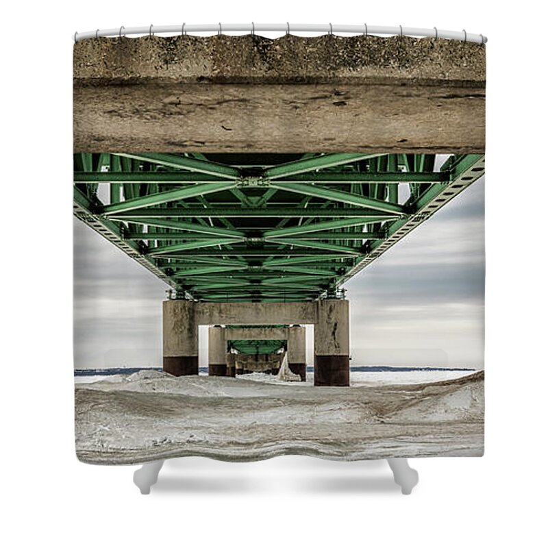 John Mcgraw Shower Curtain featuring the photograph Under Mackinac Bridge Winter by John McGraw