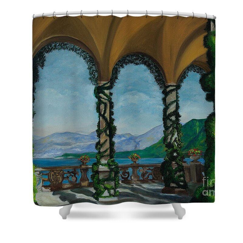 Bellagio Italy Art Shower Curtain featuring the painting Under The Arches At Villa Balvianella by Charlotte Blanchard
