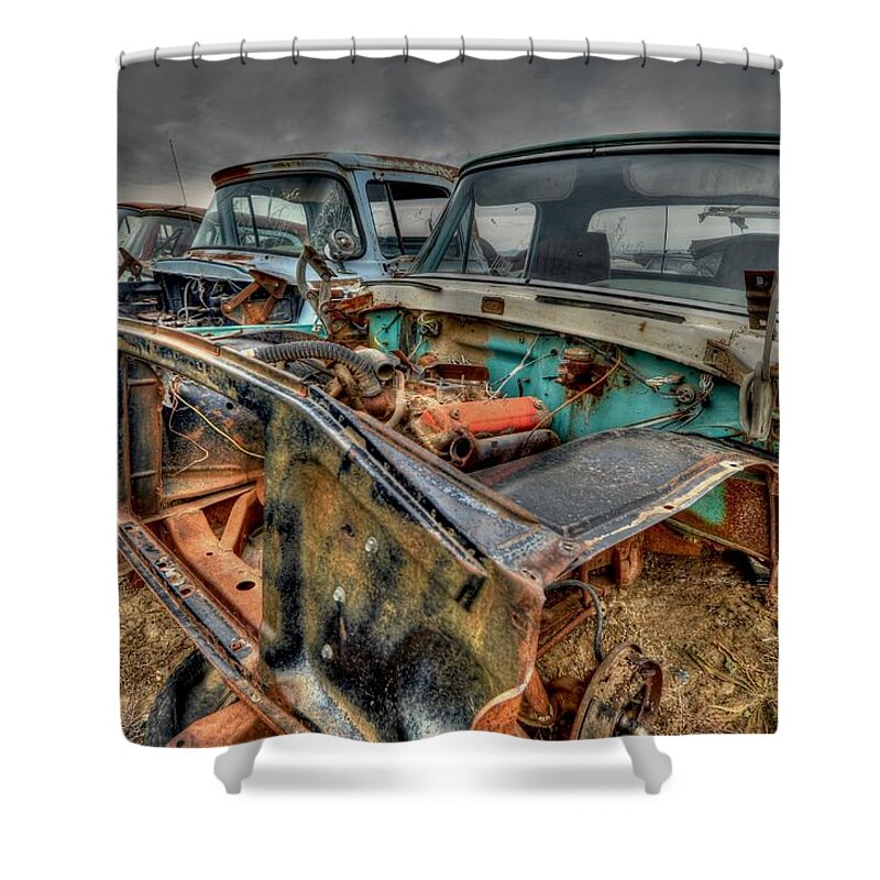 Salvage Yard Shower Curtain featuring the photograph Under the Hood by Craig Incardone