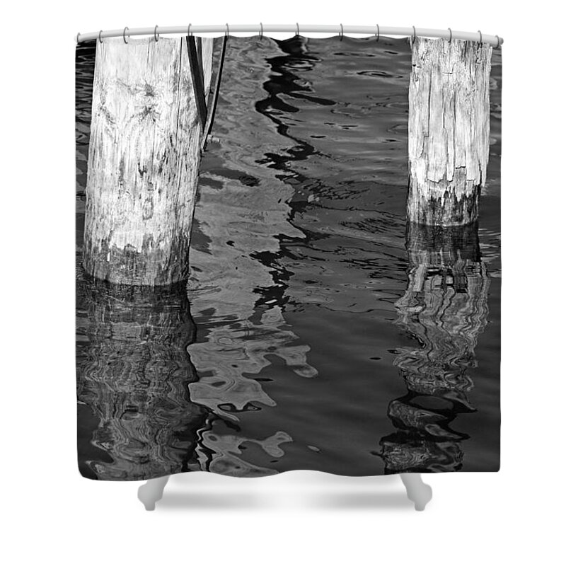 Pilings Shower Curtain featuring the photograph Under the Old Dock BW by Mary Bedy
