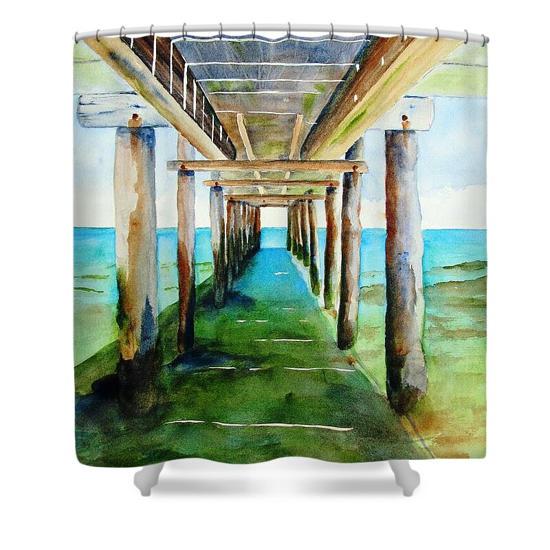 Pier Shower Curtain featuring the painting Under the Playa Paraiso Pier by Carlin Blahnik CarlinArtWatercolor