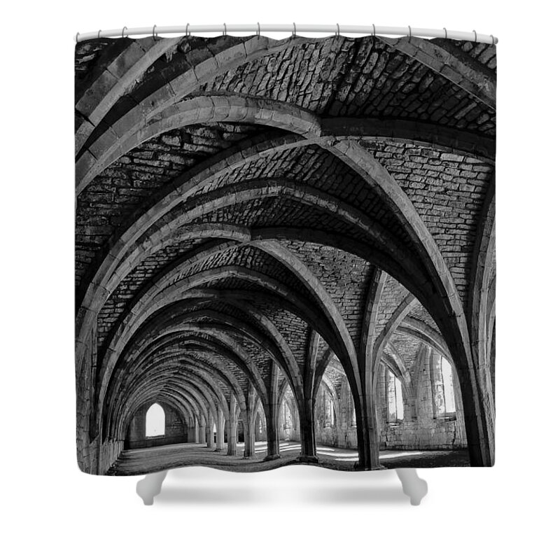 Monochrome Photography Shower Curtain featuring the photograph Under the vaults. Vertical. by Elena Perelman