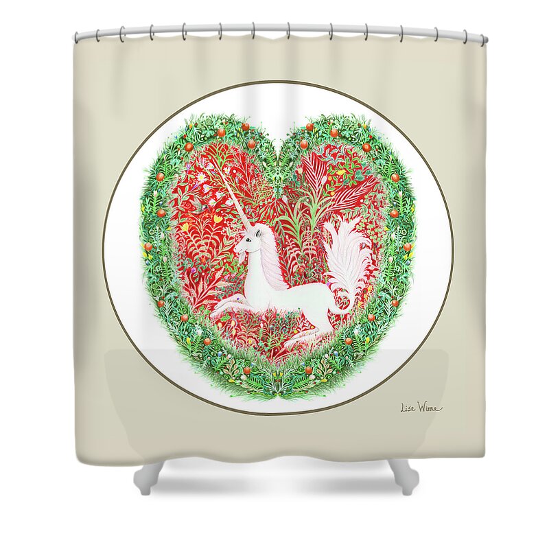 Unicorn Shower Curtain featuring the painting Unicorn button by Lise Winne