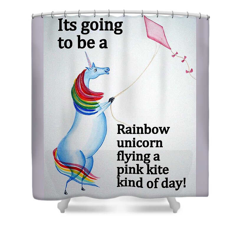 Unicorn Shower Curtain featuring the painting Unicorn Flying Pink Kite by Debbie Criswell