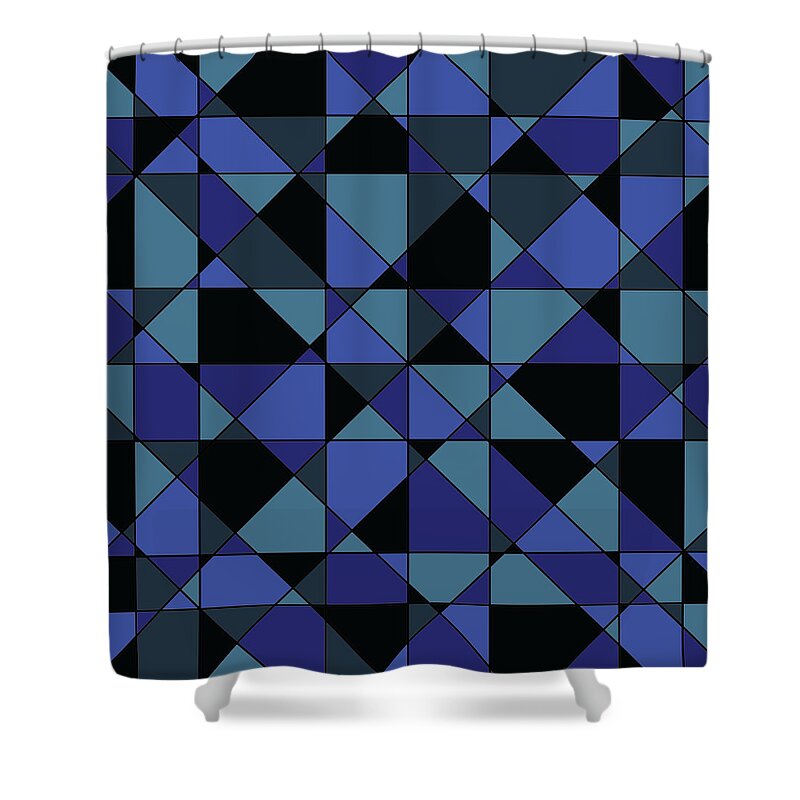 Modern Shower Curtain featuring the digital art Unique Bold Hip Blue Cyan Grey Black Geometric Pattern by Shelley Neff