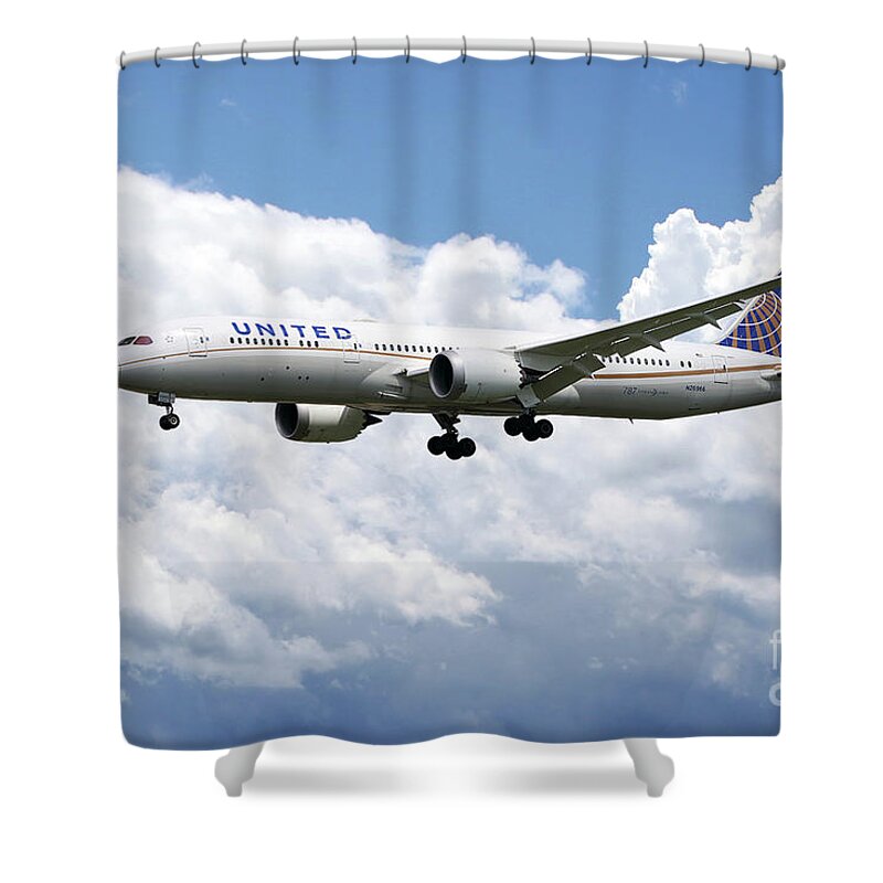 United Shower Curtain featuring the digital art United Airlines Boeing 777 Dreamliner by Airpower Art