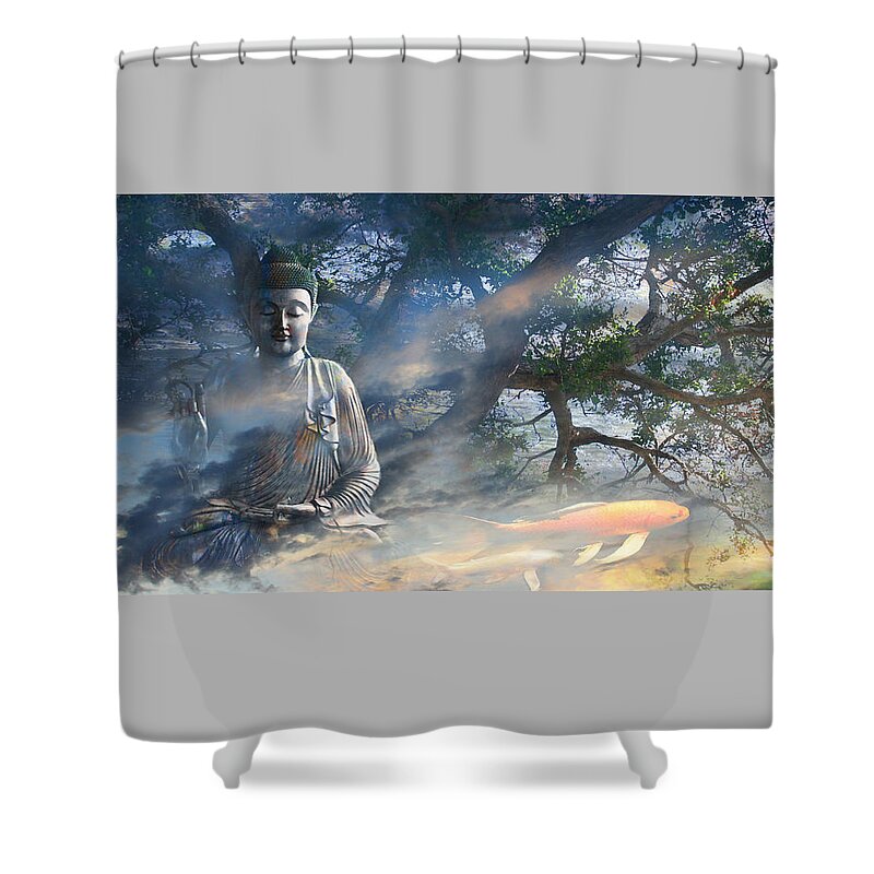 Buddha Shower Curtain featuring the mixed media Universal Flow by Christopher Beikmann
