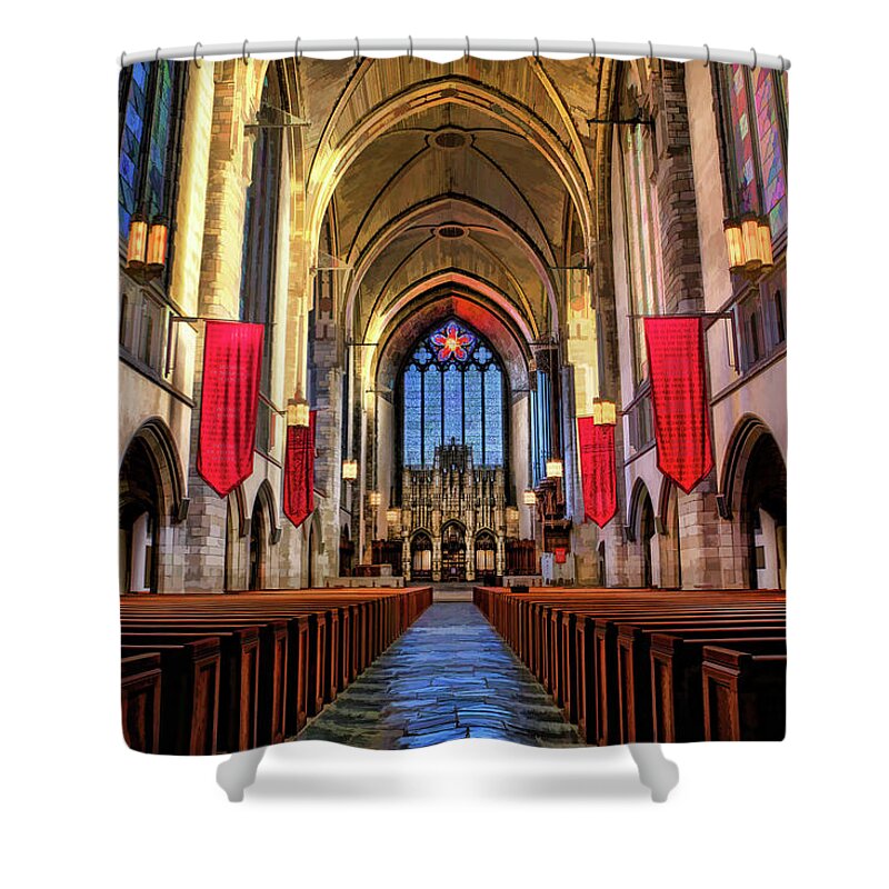 Chicago Shower Curtain featuring the painting University of Chicago Rockefeller Chapel by Christopher Arndt