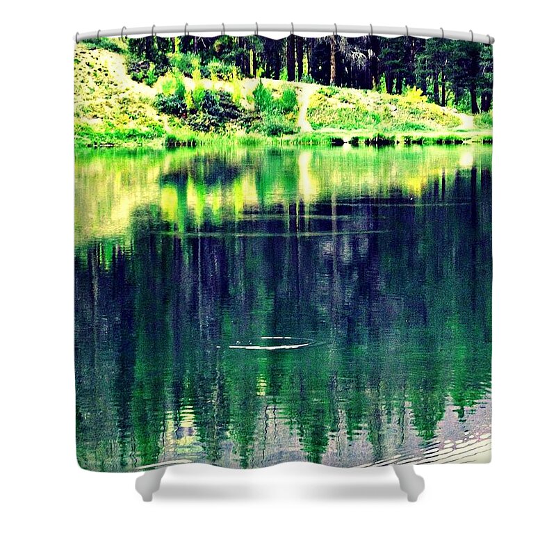  Unseen Trout Make Rings In The Water As They Feed On Tiny Flyers. Reflections From The Forest Make This Beauftiful And Calming. Seargent's Lake Off I-70 North Of Frisco Colorado Shower Curtain featuring the digital art Unseen Trout Makes Rings In The Water by Annie Gibbons