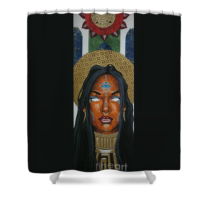 Black Shower Curtain featuring the mixed media Untitled Goddess 6 by Edmund Royster