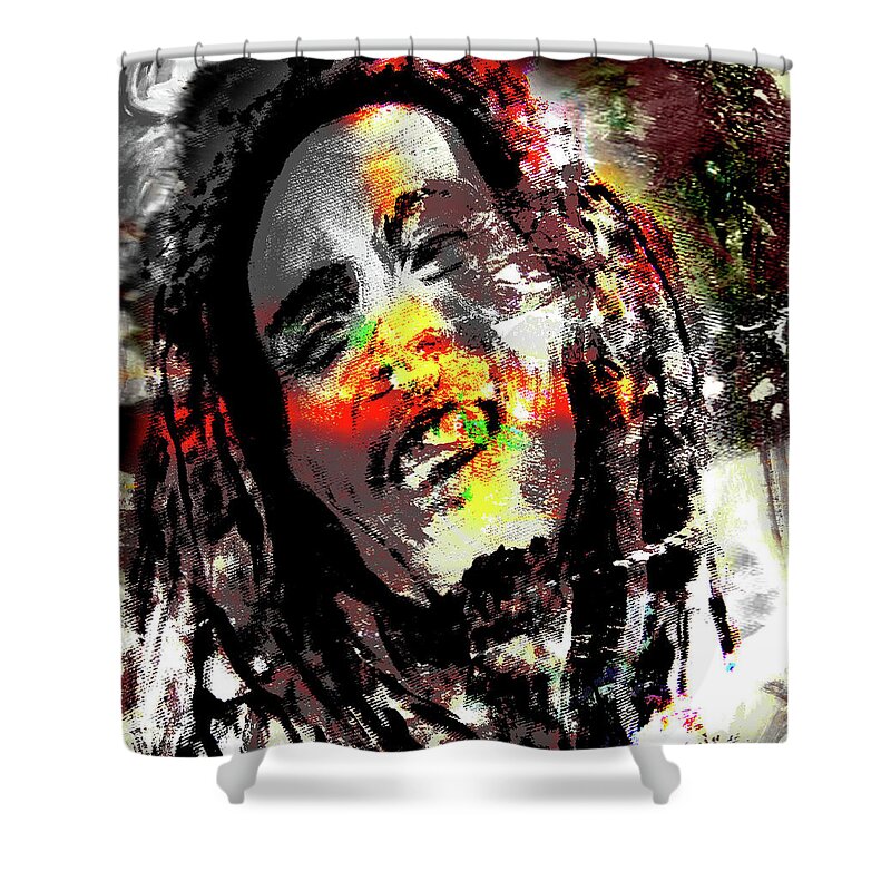 Music Shower Curtain featuring the digital art Untitled Reduction 3 Bob Marley by Simon Wairiuko