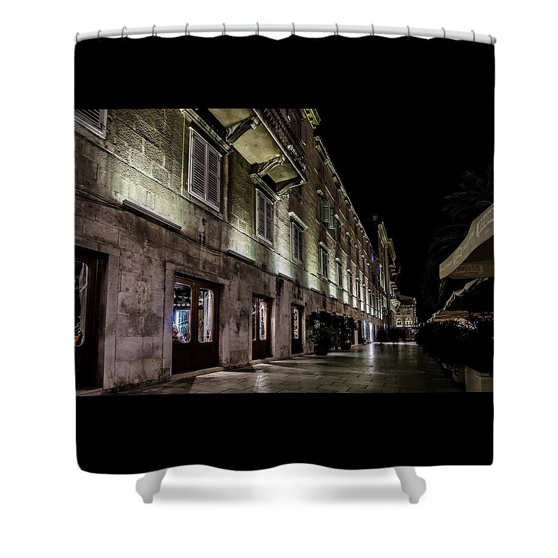 Up Lighting Shower Curtain featuring the photograph Up lighting on a european building at night by Sven Brogren