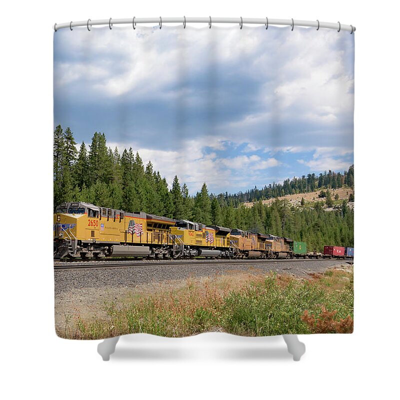 Donner Pass Shower Curtain featuring the photograph UP2650 westbound from Donner Pass by Jim Thompson