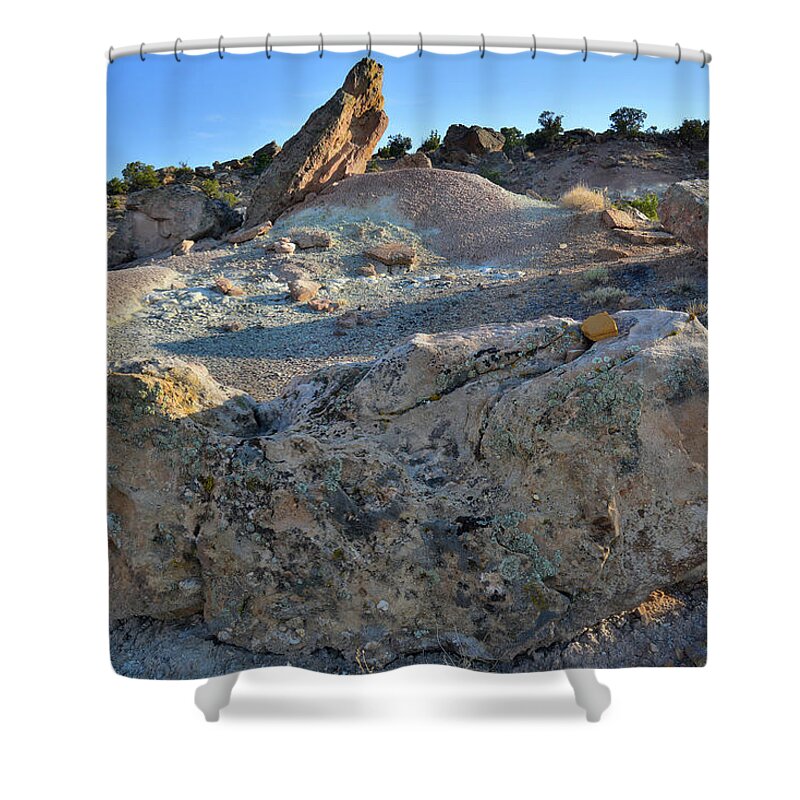 Grand Junction Shower Curtain featuring the photograph Uplifted Boulder in Bentonite Quarry by Ray Mathis