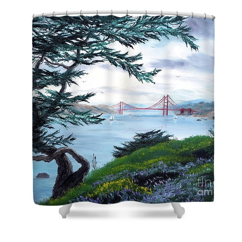 San Francisco Shower Curtain featuring the painting Upon Seeing the Golden Gate by Laura Iverson