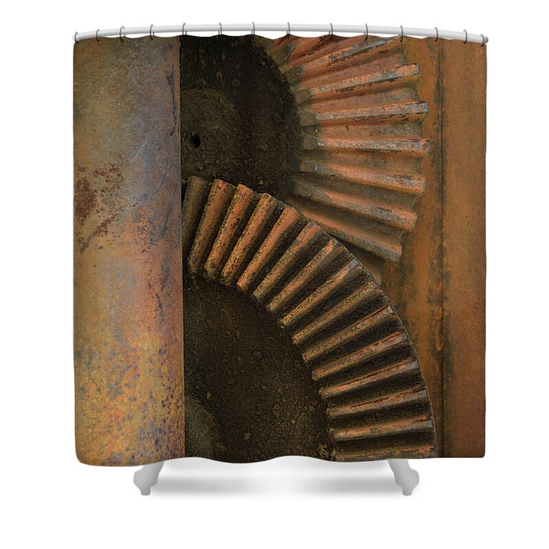 Rust Shower Curtain featuring the photograph Upright Gears by Karen Harrison Brown
