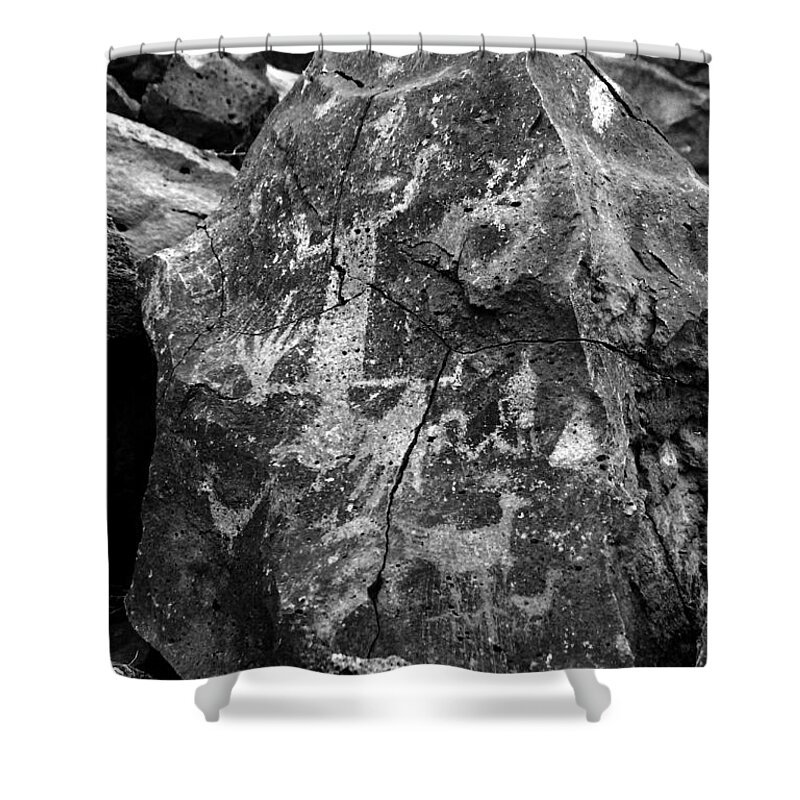 Petroglyphs Shower Curtain featuring the photograph Upside Down Man b/w by Glory Ann Penington