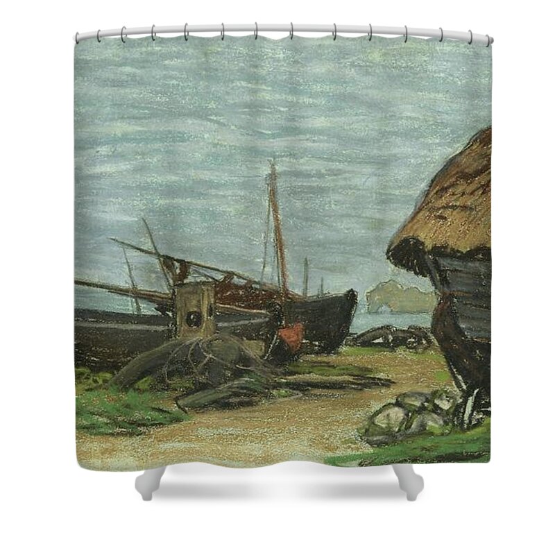 Claude Monet 1840 - 1926 Etretat Shower Curtain featuring the painting Upstream Of The Door by Claude Monet
