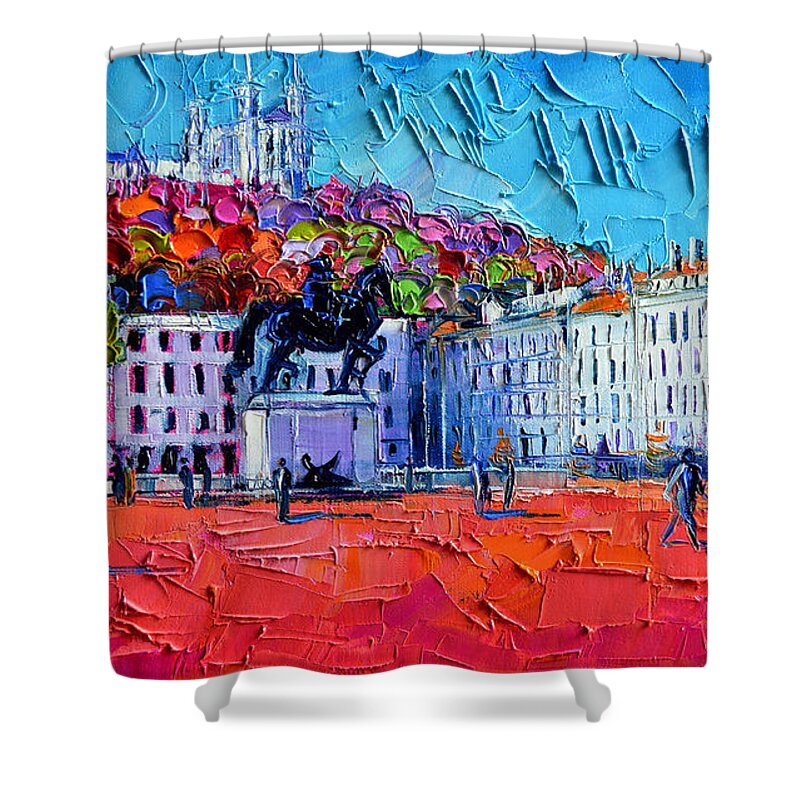 Urban Impression Shower Curtain featuring the painting Urban Impression - Bellecour Square In Lyon France by Mona Edulesco