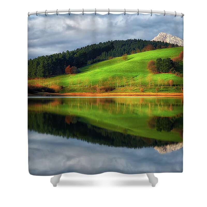Lake Shower Curtain featuring the photograph Urkulu reservoir by Mikel Martinez de Osaba