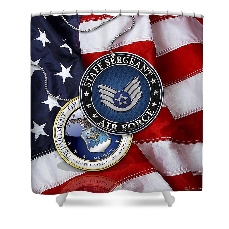 Military Insignia 3d By Serge Averbukh Shower Curtain featuring the digital art US Air Force Staff Sergeant - SSgt Rank Insignia over US Flag by Serge Averbukh