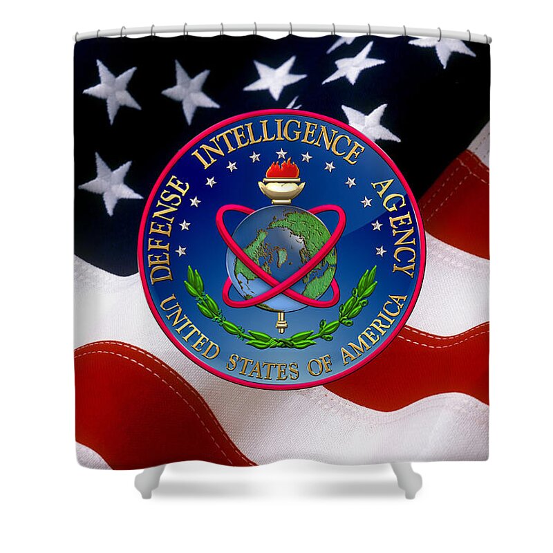 'military Insignia & Heraldry 3d' Collection By Serge Averbukh Shower Curtain featuring the digital art U. S. Defense Intelligence Agency - D I A Emblem over Flag by Serge Averbukh