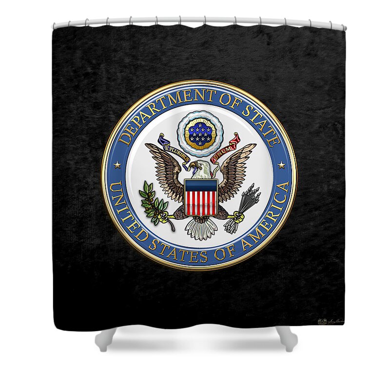 'military Insignia & Heraldry 3d' Collection By Serge Averbukh Shower Curtain featuring the digital art U. S. Department of State - DoS Emblem over Black Velvet by Serge Averbukh