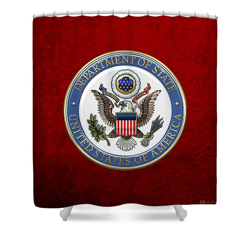 'military Insignia & Heraldry 3d' Collection By Serge Averbukh Shower Curtain featuring the digital art U. S. Department of State - DoS Emblem over Red Velvet by Serge Averbukh