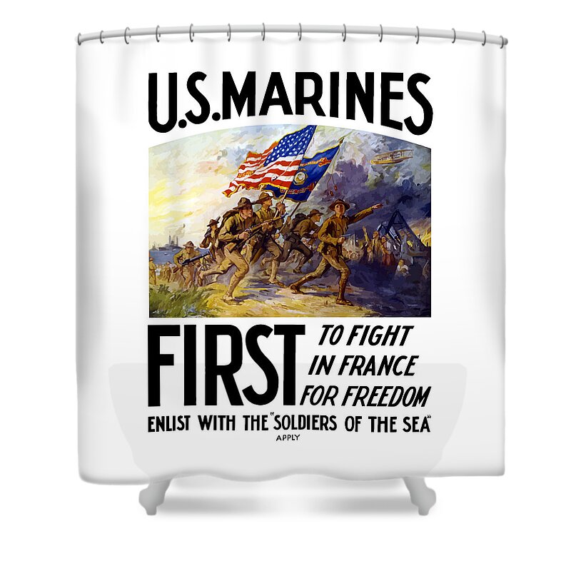 Marines Shower Curtain featuring the painting US Marines - First To Fight In France by War Is Hell Store