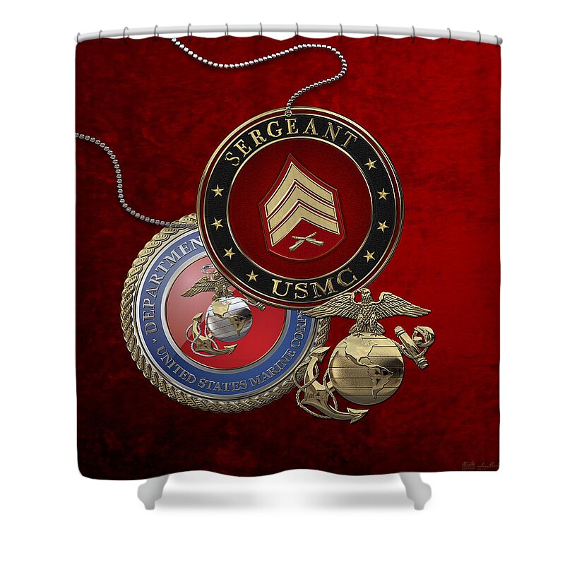 Military Insignia 3d By Serge Averbukh Shower Curtain featuring the digital art U. S. Marines Sergeant - U S M C Sgt Rank Insignia over Red Velvet by Serge Averbukh