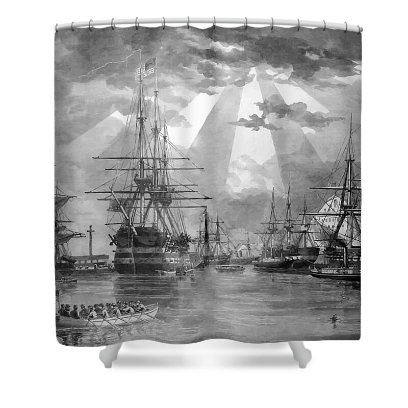 Navy Shower Curtain featuring the painting U.S. Naval Ships at The Brooklyn Navy Yard by War Is Hell Store